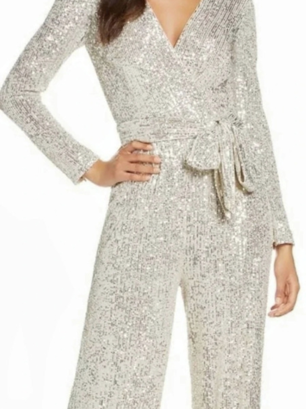 Eliza J Sequin Wrap Front Long Sleeve Jumpsuit Silver